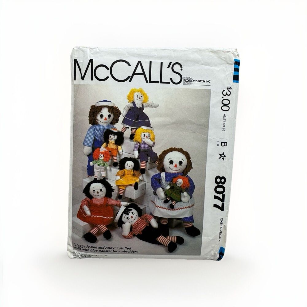 McCalls Sew Pattern 8077 Raggedy Ann Andy Stuffed Dolls Clothes Vintage 80s
